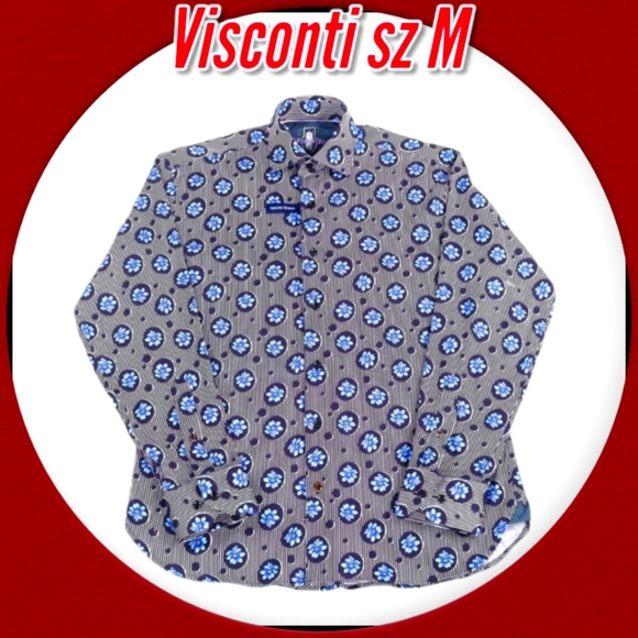 Visconti Navy & White Stripes Floral  Print Long Sleeve Dressy Causal Shirt - Picture 1 of 12